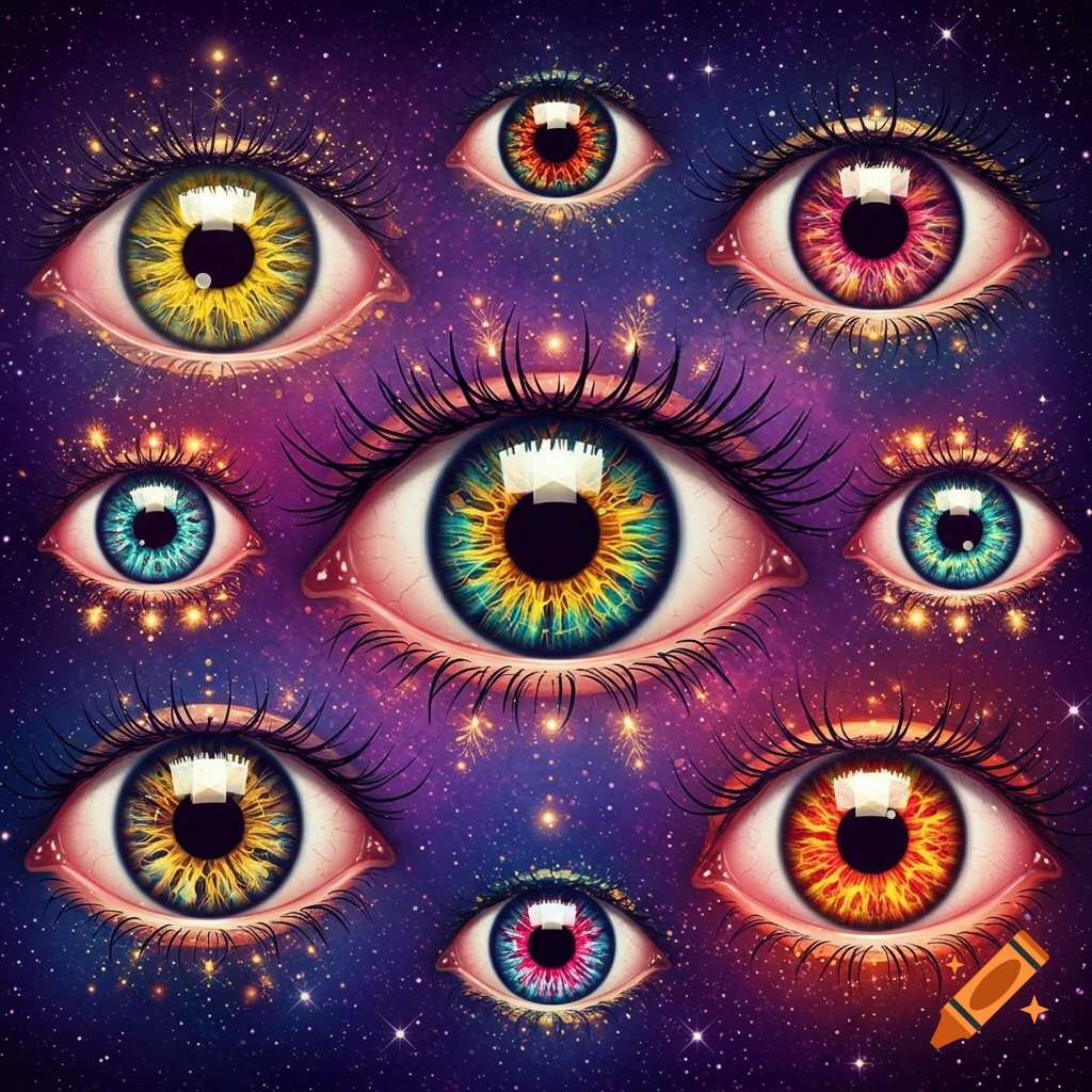 Multiple stylized, colorful eyes with intricate irises set against a vibrant, sparkling cosmic background.