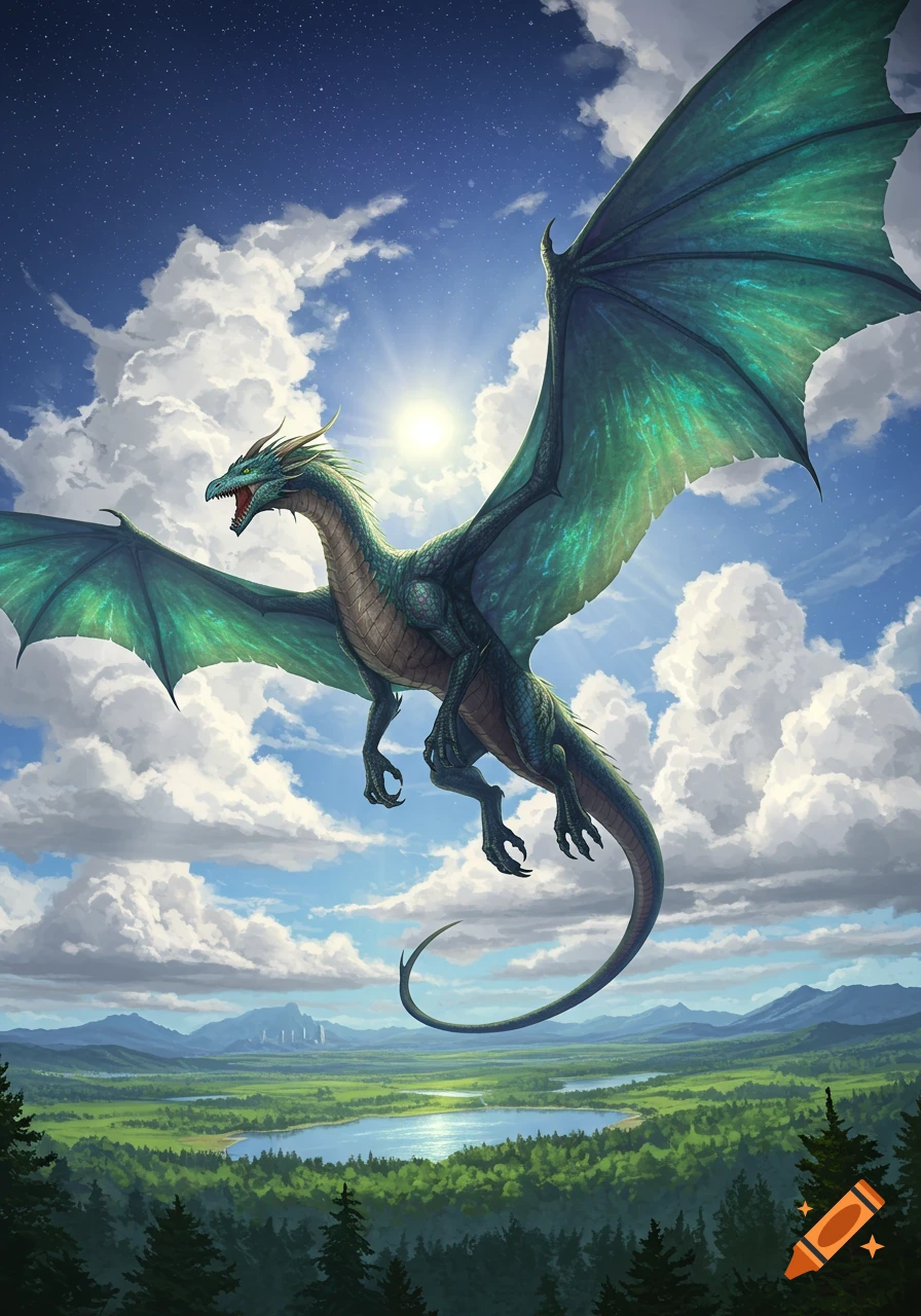 A large, vibrant green dragon with iridescent wings flies through a sunny, cloudy sky over a lush green valley with mountains and a lake.