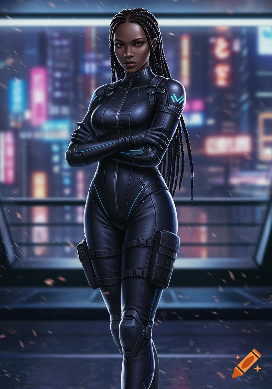 A Black woman with braided hair, wearing a black futuristic suit with blue glowing accents, stands with arms crossed against a blurred cyberpunk city background.