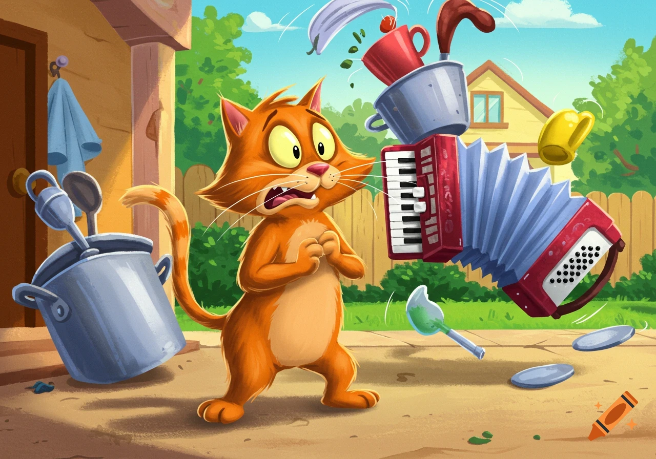 A wide-eyed orange cartoon cat looks scared as pots, cups, and an accordion fall around it in a backyard.