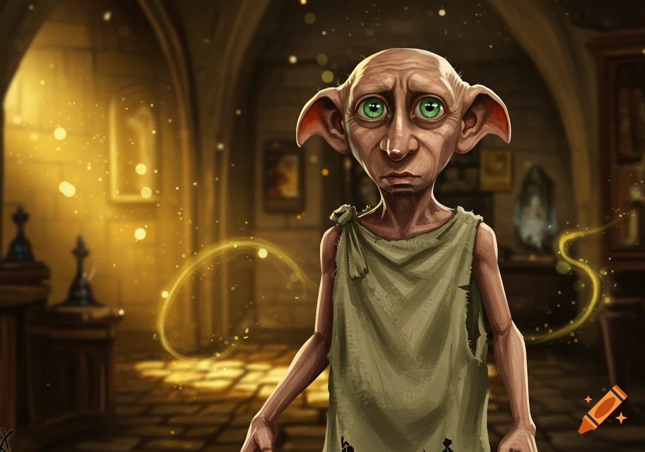 An illustration of Dobby with large green eyes wearing a torn cloth in a dimly lit, golden castle hall with floating magical particles.