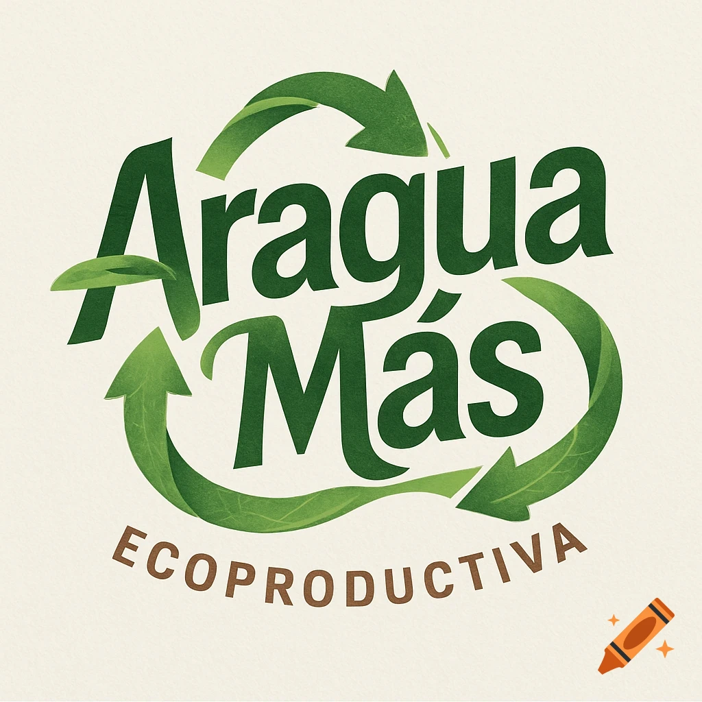 Logo with green text 'Aragua Más Ecoproductiva' surrounded by green recycling arrows and leaves on a light background.