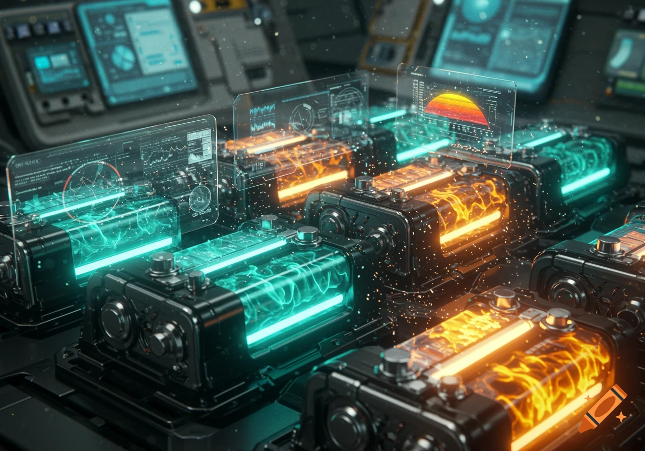 Close-up of glowing futuristic batteries or energy cells with holographic displays showing data in a sci-fi lab.
