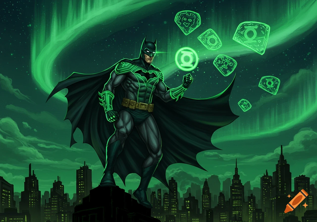 Batman in a green and black Green Lantern suit standing on a rooftop at night with green energy and symbols in the sky above a city.