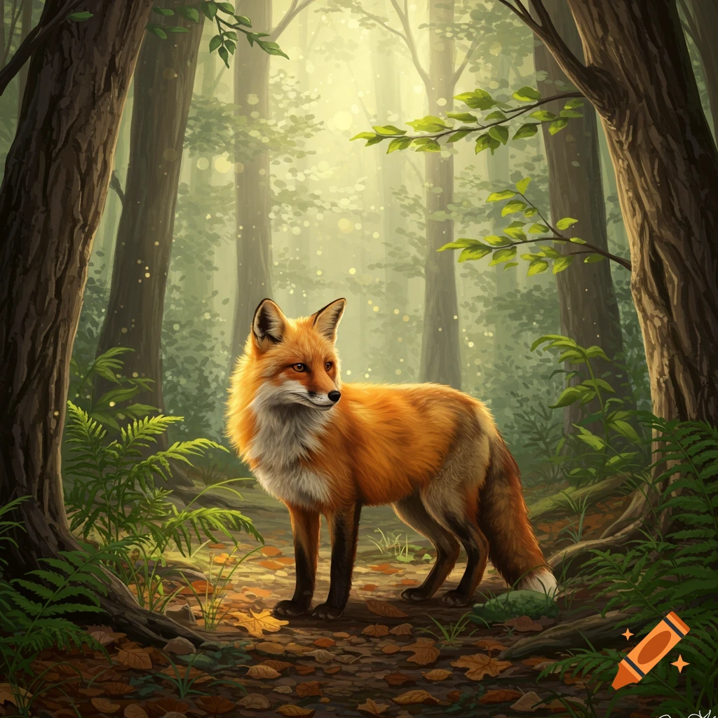 A realistic illustration of a red fox standing in a sun-dappled forest, surrounded by trees and ferns.