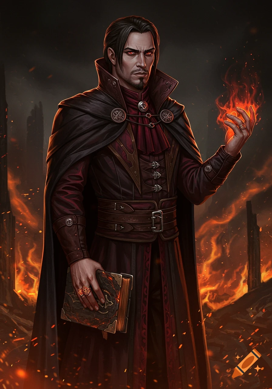 A dark fantasy male warlock with red eyes, wearing gothic attire, conjuring fire, and holding a grimoire in a fiery landscape digital painting.