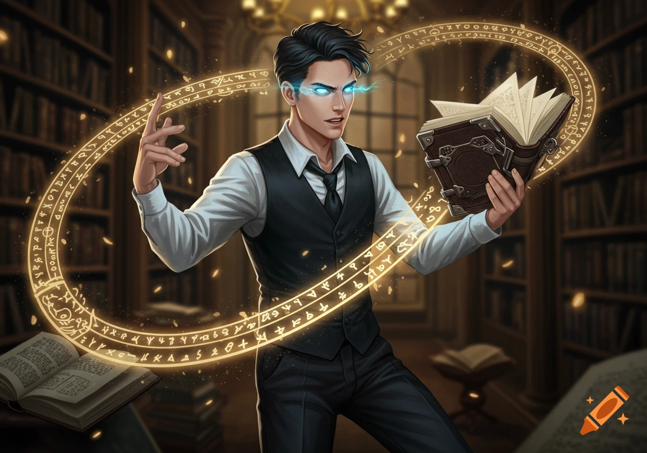 A dynamic fantasy illustration of a young male spellcaster with glowing blue eyes, casting a spell amidst swirling golden runes in an ancient library. He holds an open, arcane spellbook.