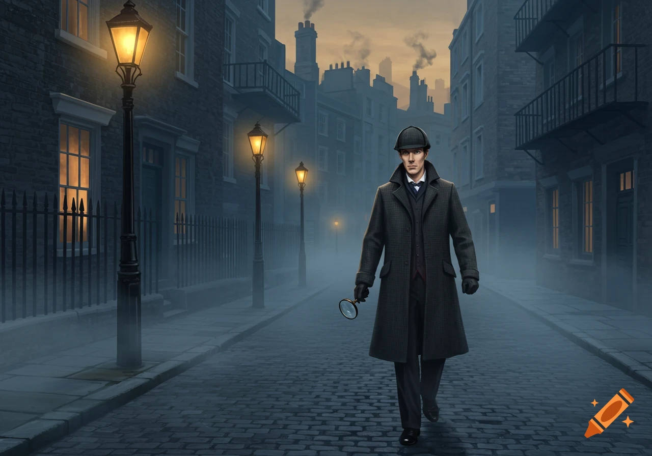 A man dressed as Sherlock Holmes walks down a foggy cobblestone street at night, holding a magnifying glass, illuminated by streetlights.