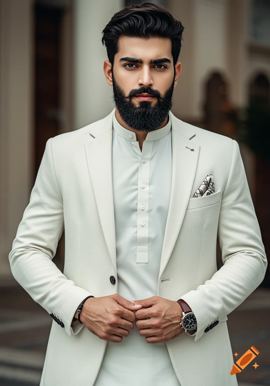 Photorealistic portrait of a handsome Pakistani man with a beard, wearing a white shalwar kameez and coat, looking confident.