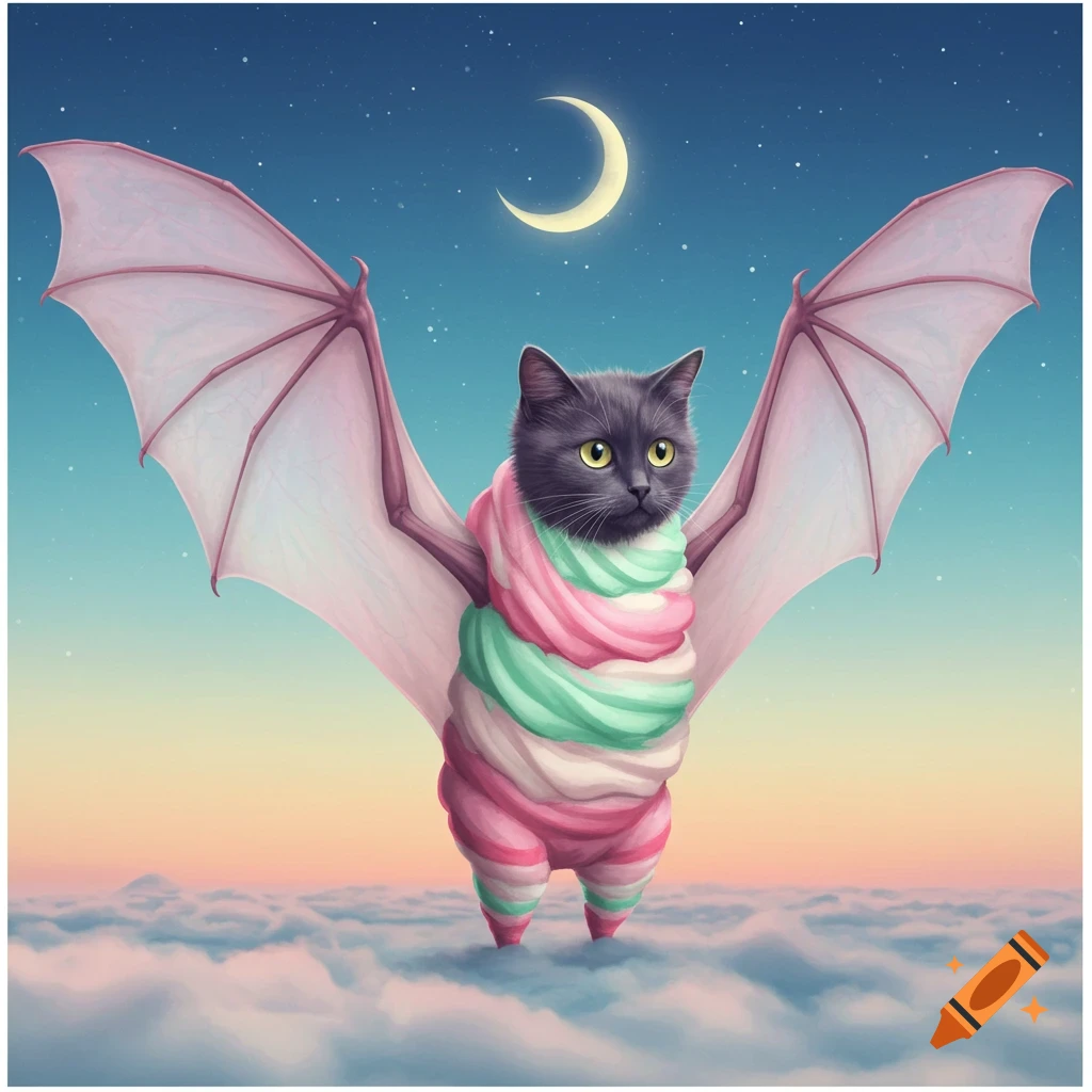 A whimsical grey cat with bat wings and an ice cream cone body flies above clouds under a crescent moon.