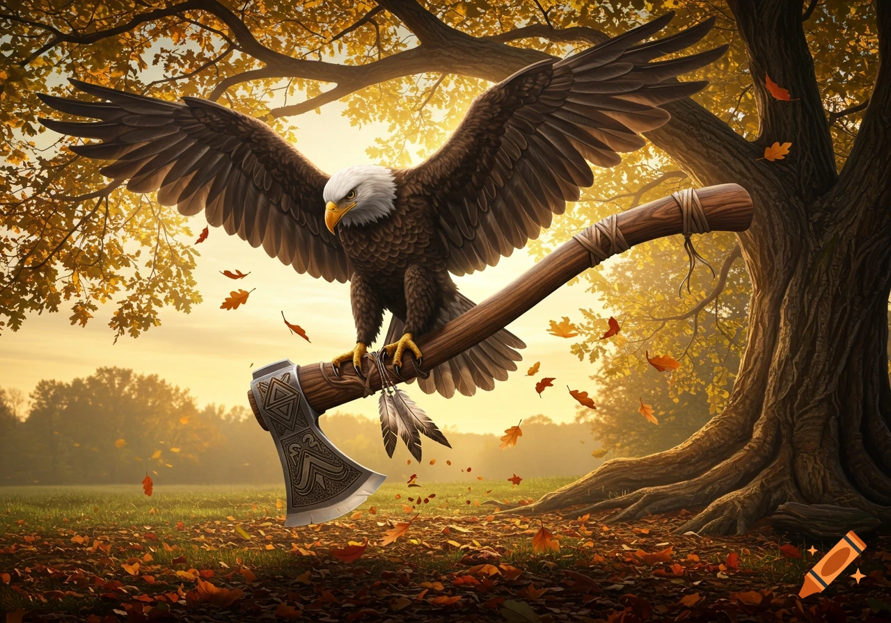 A majestic bald eagle with outstretched wings perched on a large tomahawk axe amidst a vibrant autumn forest with falling golden leaves.