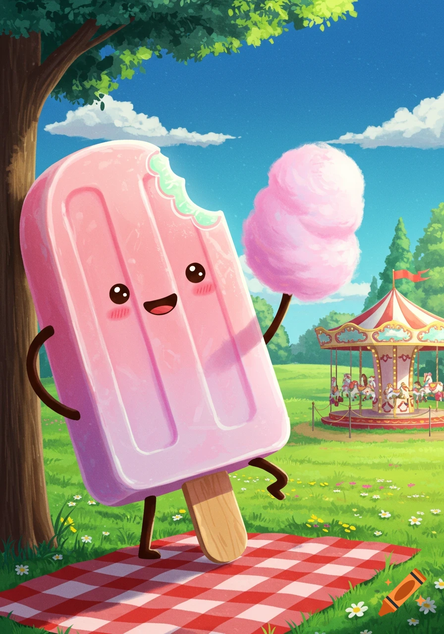 A cute, happy pink popsicle character holding cotton candy on a picnic blanket in a colorful cartoon park with a carousel.
