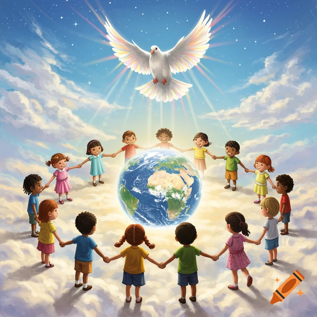 Colorful illustration of diverse children holding hands in a circle around the Earth, on clouds under a starry sky, with a glowing white dove above.