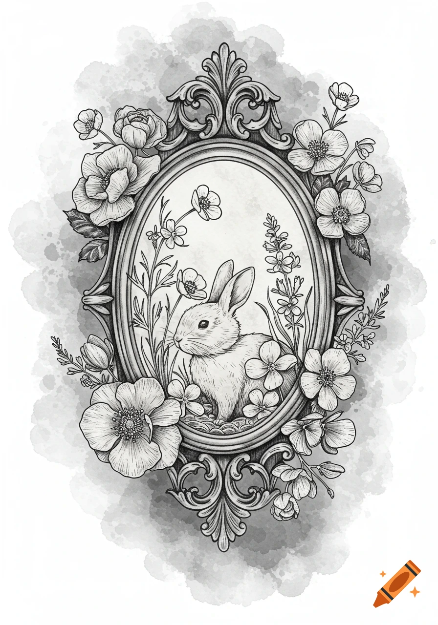 A black and white illustration of a bunny in an ornate oval frame surrounded by flowers with a watercolor background.
