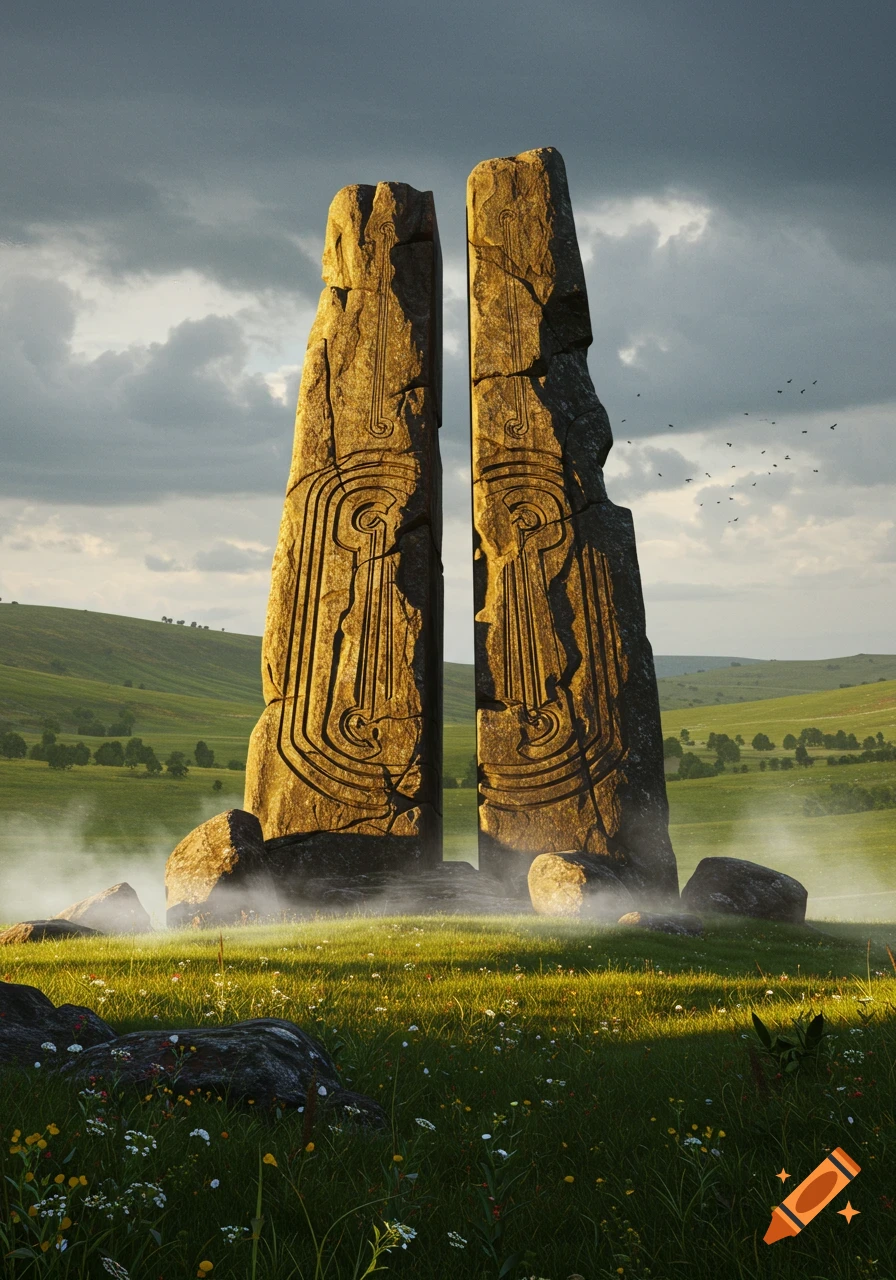 Two tall, weathered stone monoliths with intricate carvings stand in a misty, green field under a dramatic sky.