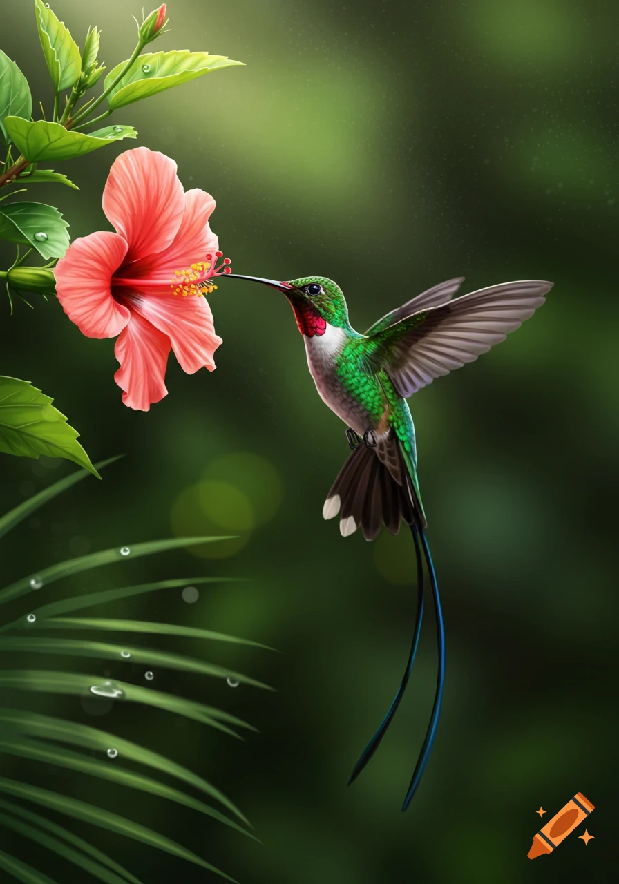 A vibrant green hummingbird with a red throat sips nectar from a pink hibiscus flower against a blurry green background.