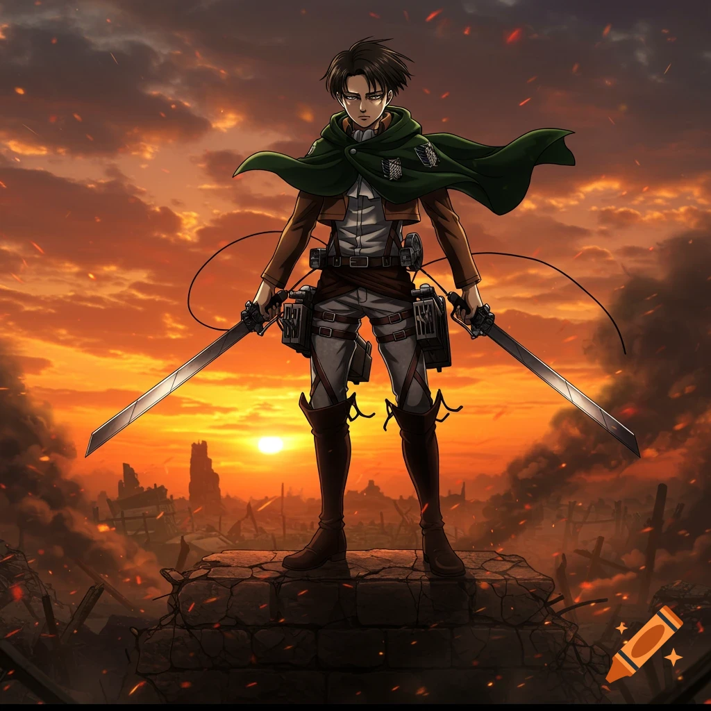 Levi Ackerman, an anime character from Attack on Titan, stands on ruins holding two swords against an orange sunset.