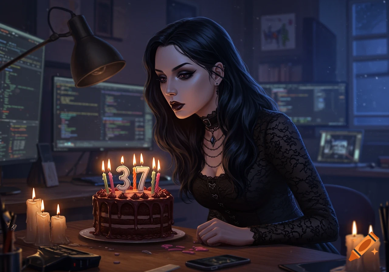 A stylized digital painting of a goth woman with dark hair and makeup, blowing out '37' candles on a chocolate birthday cake at her desk with multiple computer screens in the background.