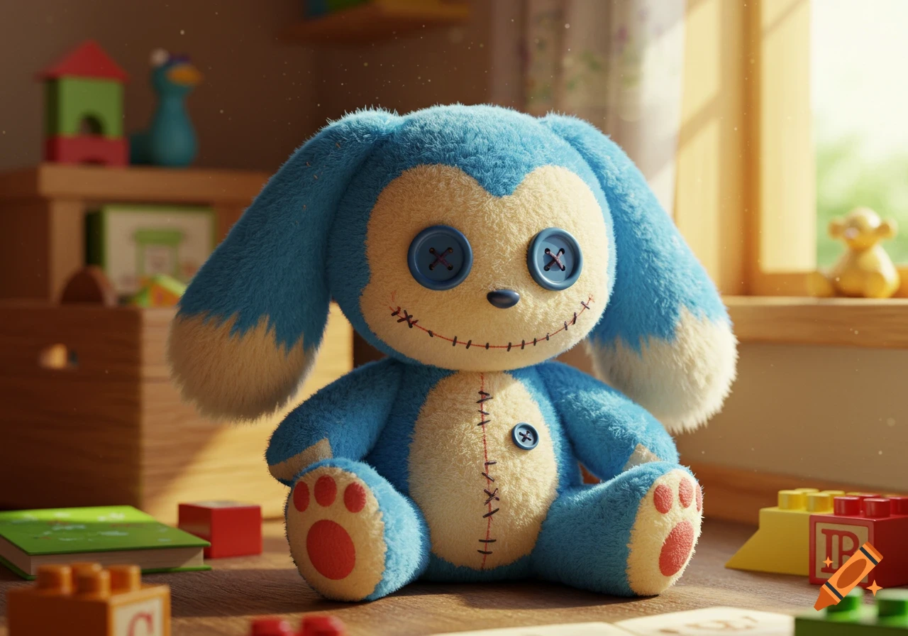A blue and cream plushie with button eyes sits on a wooden floor, surrounded by colorful toy blocks and books in a sunlit room.