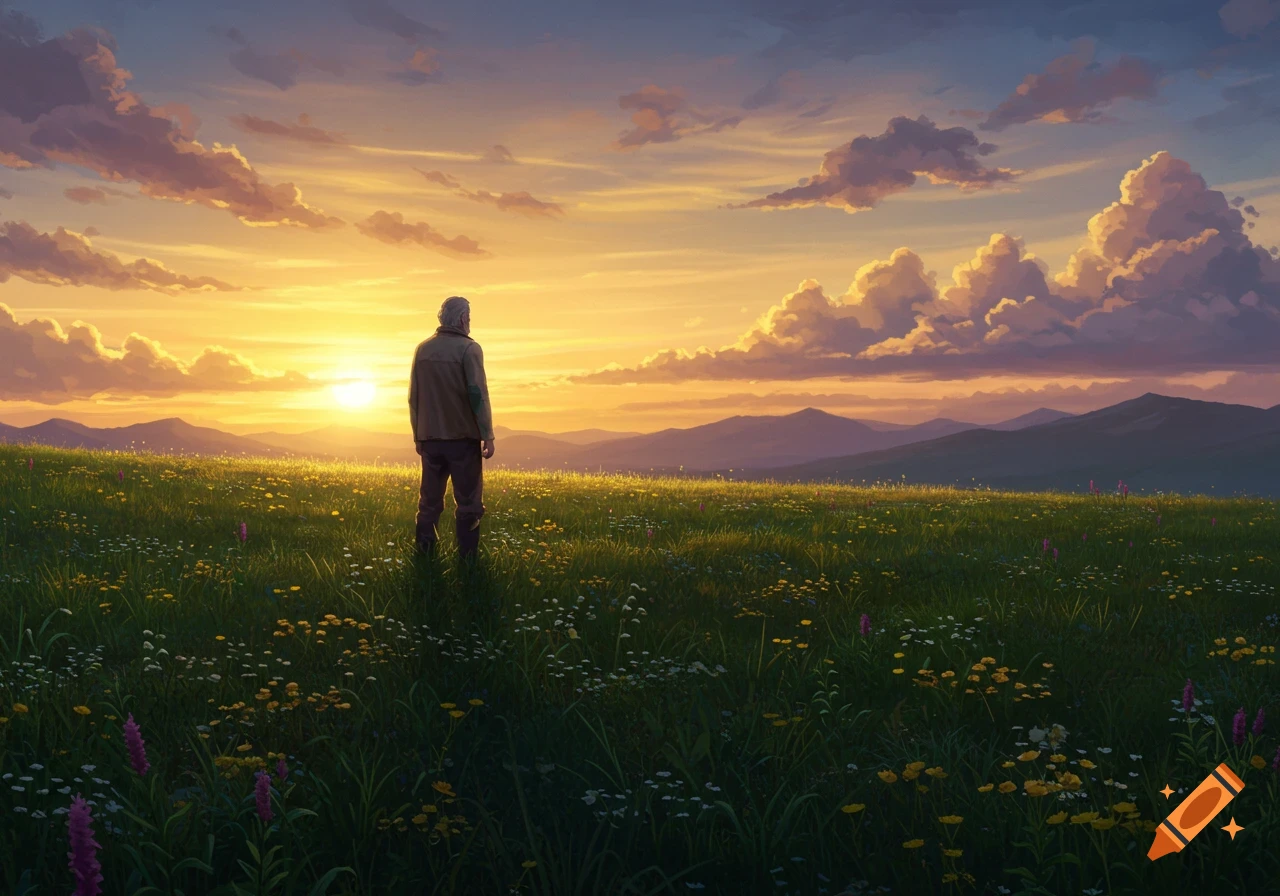 Man stands in a lush green field filled with wildflowers, gazing at a vibrant orange and purple sunset over distant mountains.