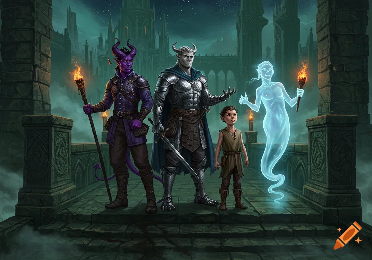 A purple-skinned tiefling, a silver-skinned armored figure, a young boy, and a translucent ghost stand in a dark fantasy ruin.
