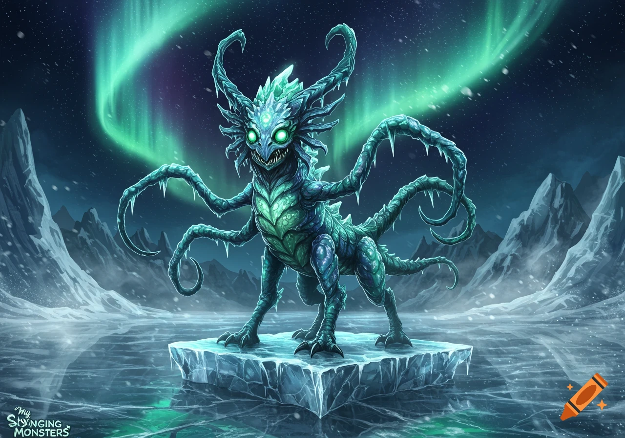 A turquoise reptilian monster with glowing green eyes and many icy limbs stands on a floating ice chunk in an arctic landscape under the green aurora borealis.