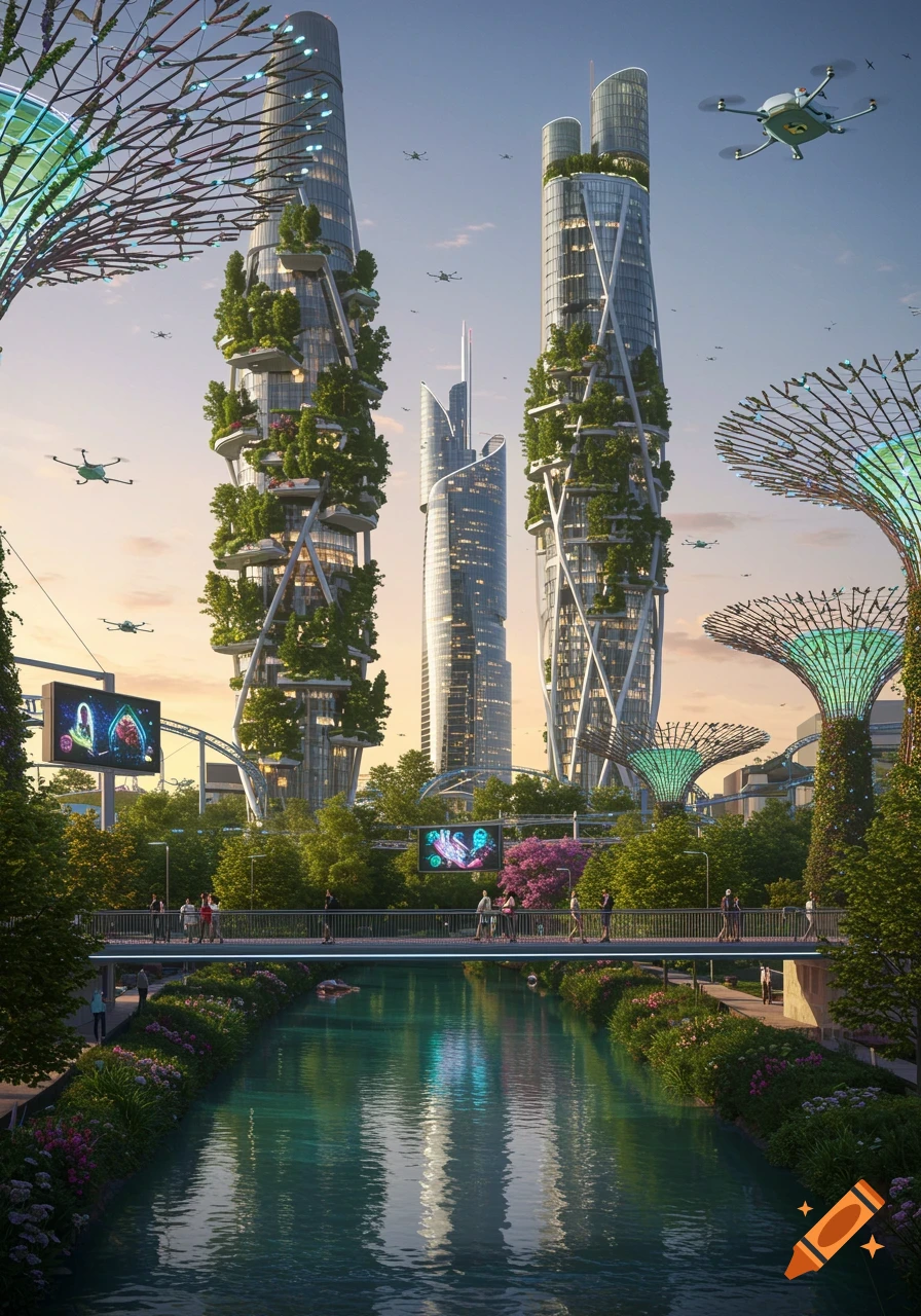 Photorealistic futuristic city with lush green skyscrapers, a river, a pedestrian bridge, and drones flying under a bright sky.