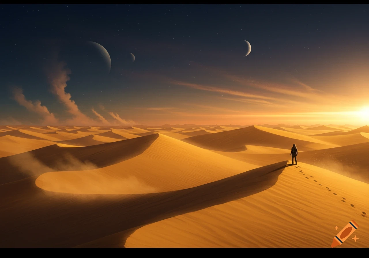 A lone figure stands on a large sand dune overlooking a vast desert landscape with multiple moons and a distant sun, digital painting.