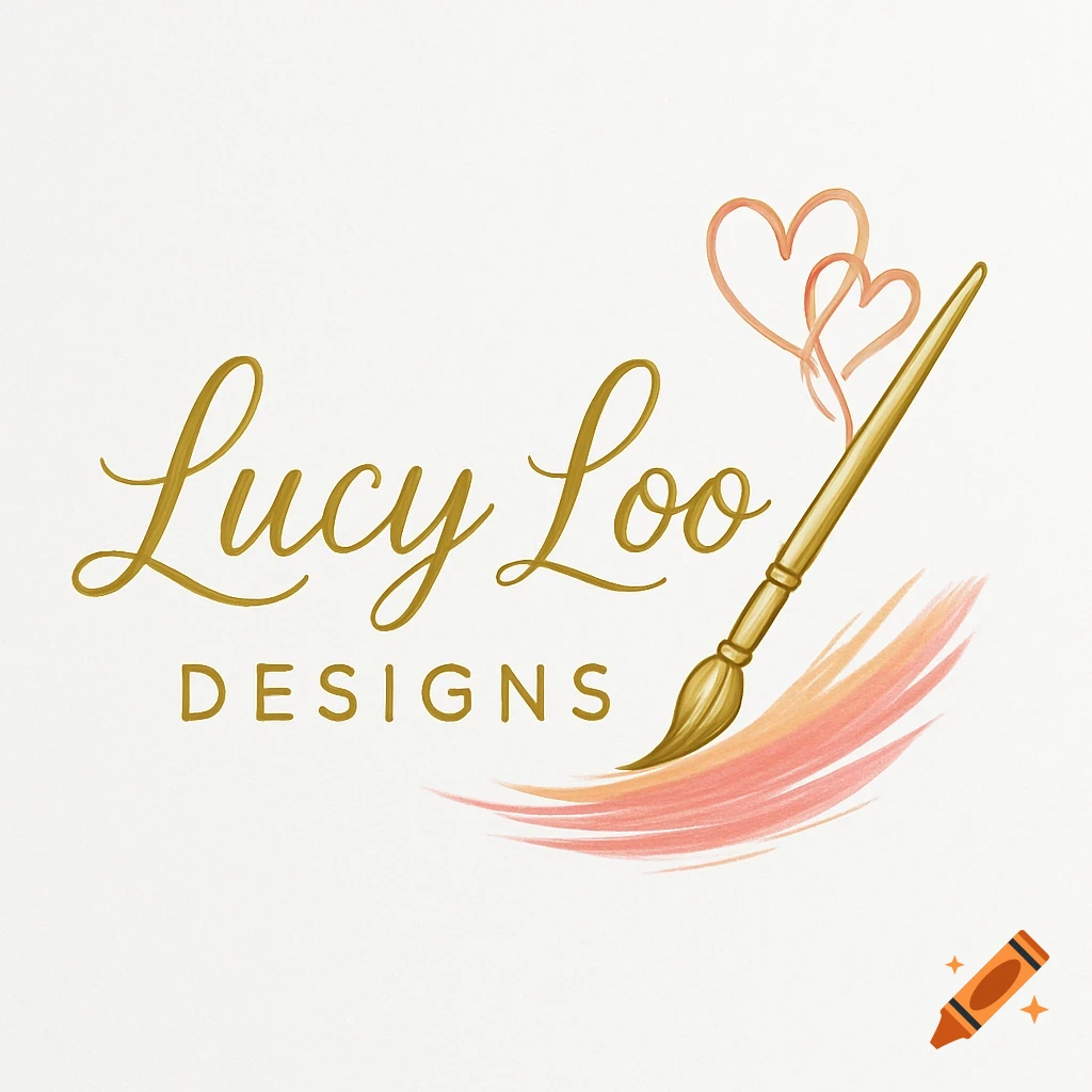 A golden script 'Lucy Loo Designs' logo with a paintbrush and two intertwined pink hearts.