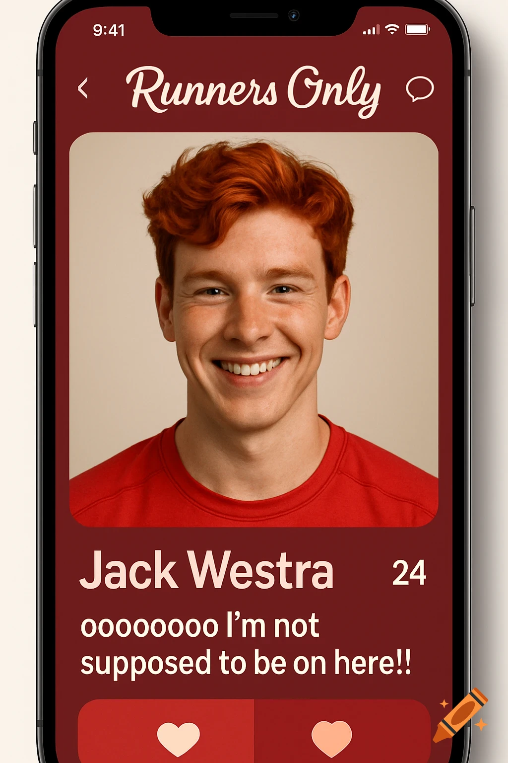 A smiling man with red hair and freckles on a 'Runners Only' dating app profile screen.