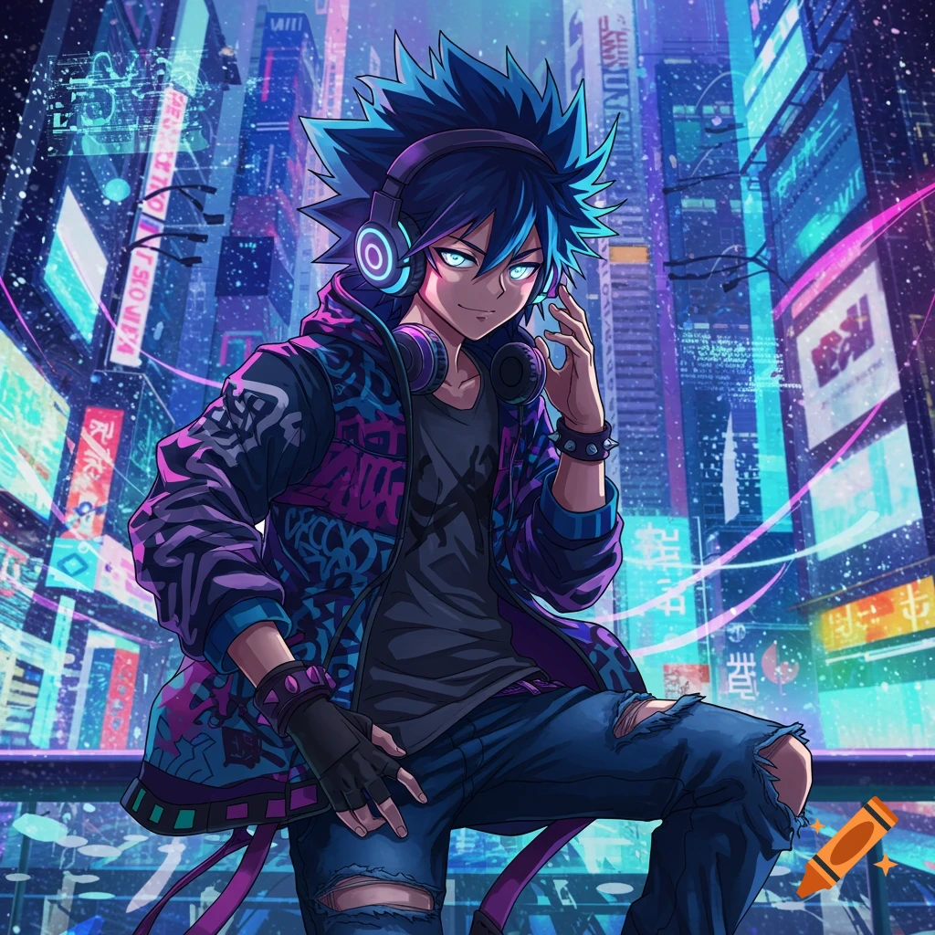 An anime teenage boy with spiky blue hair and headphones smiles in a neon cyberpunk city at night. He wears a dark shirt, a colorful patterned jacket, and ripped jeans.