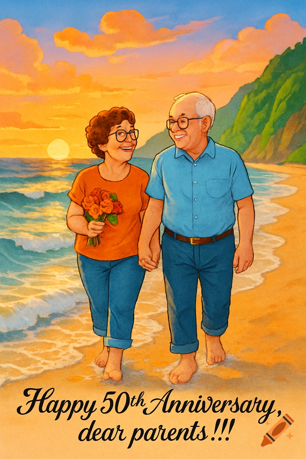 Colorful illustration of an elderly couple walking hand-in-hand on a beach at sunset, with text 'Happy 50th Anniversary, dear parents !!!'.