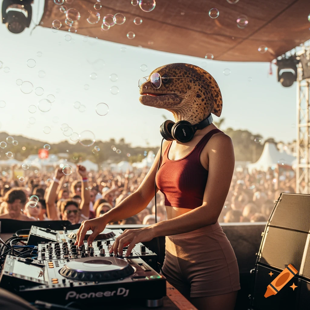 A photorealistic image of a moray eel-headed DJ wearing headphones and sunglasses, playing on a turntable at an outdoor concert with a crowd and bubbles.