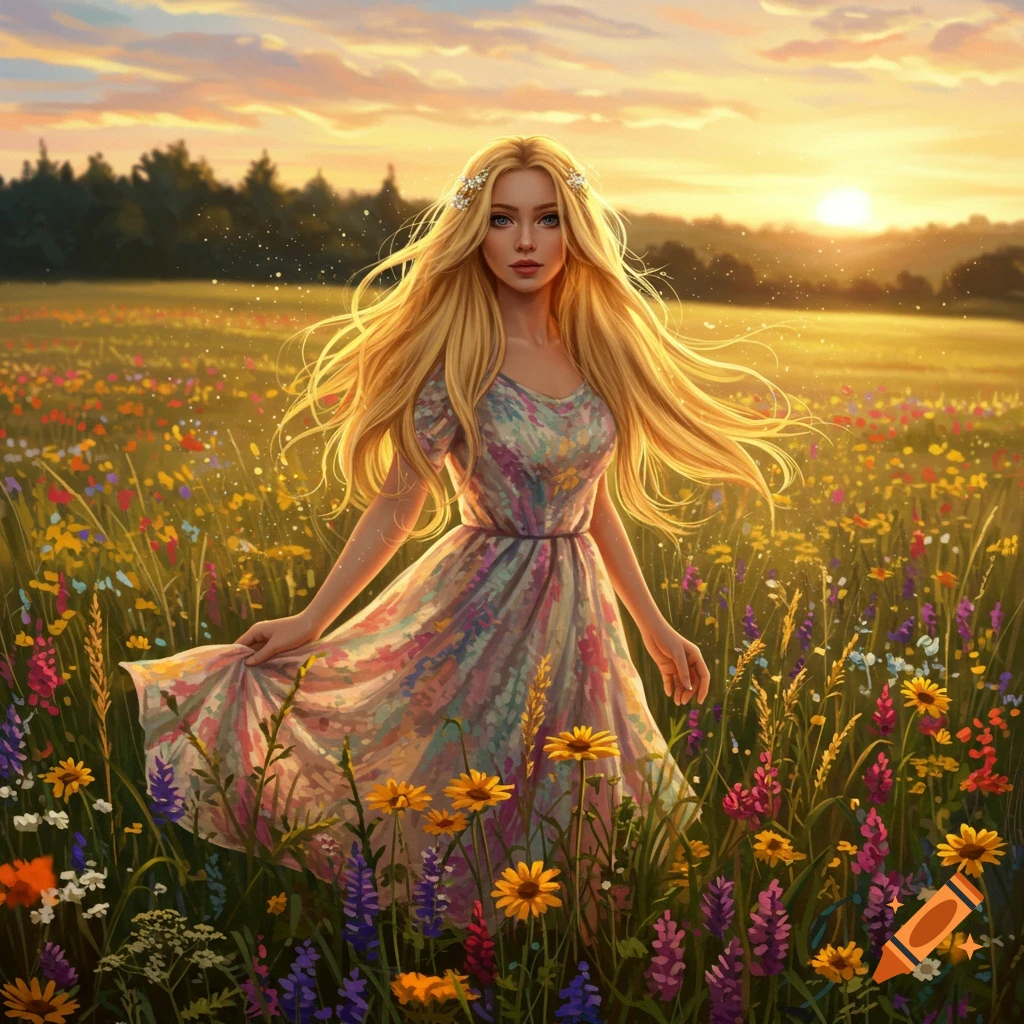 A beautiful blonde woman with long flowing hair stands in a vibrant wildflower field at sunset, in an illustrative style.
