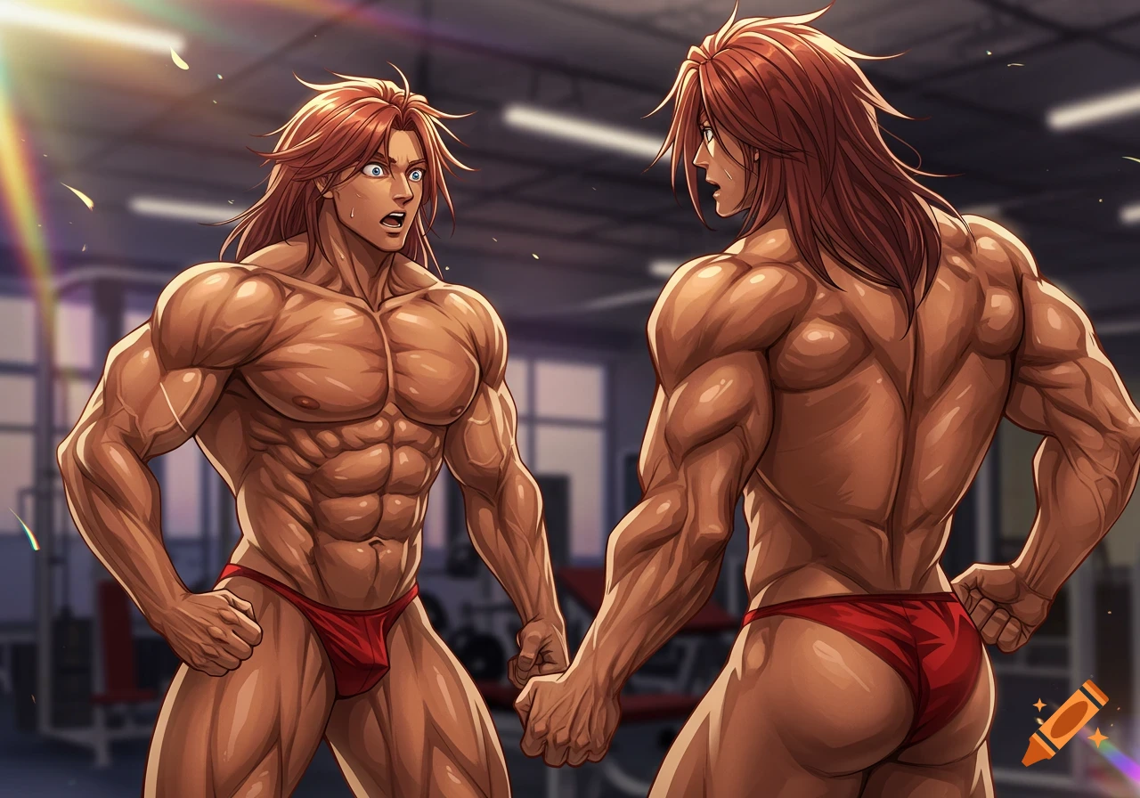 A highly muscular man with long red hair wearing a red speedo looks shocked at his reflection in a gym, in anime style.