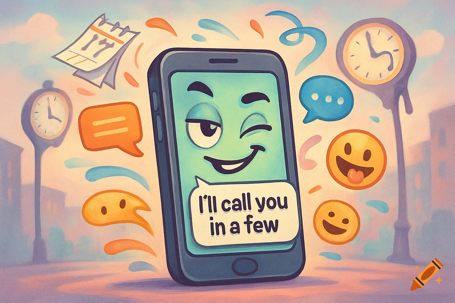 Cartoon smartphone winks, text bubble reads 'I'll call you in a few', surrounded by emojis, clocks, and a calendar in an illustration style.