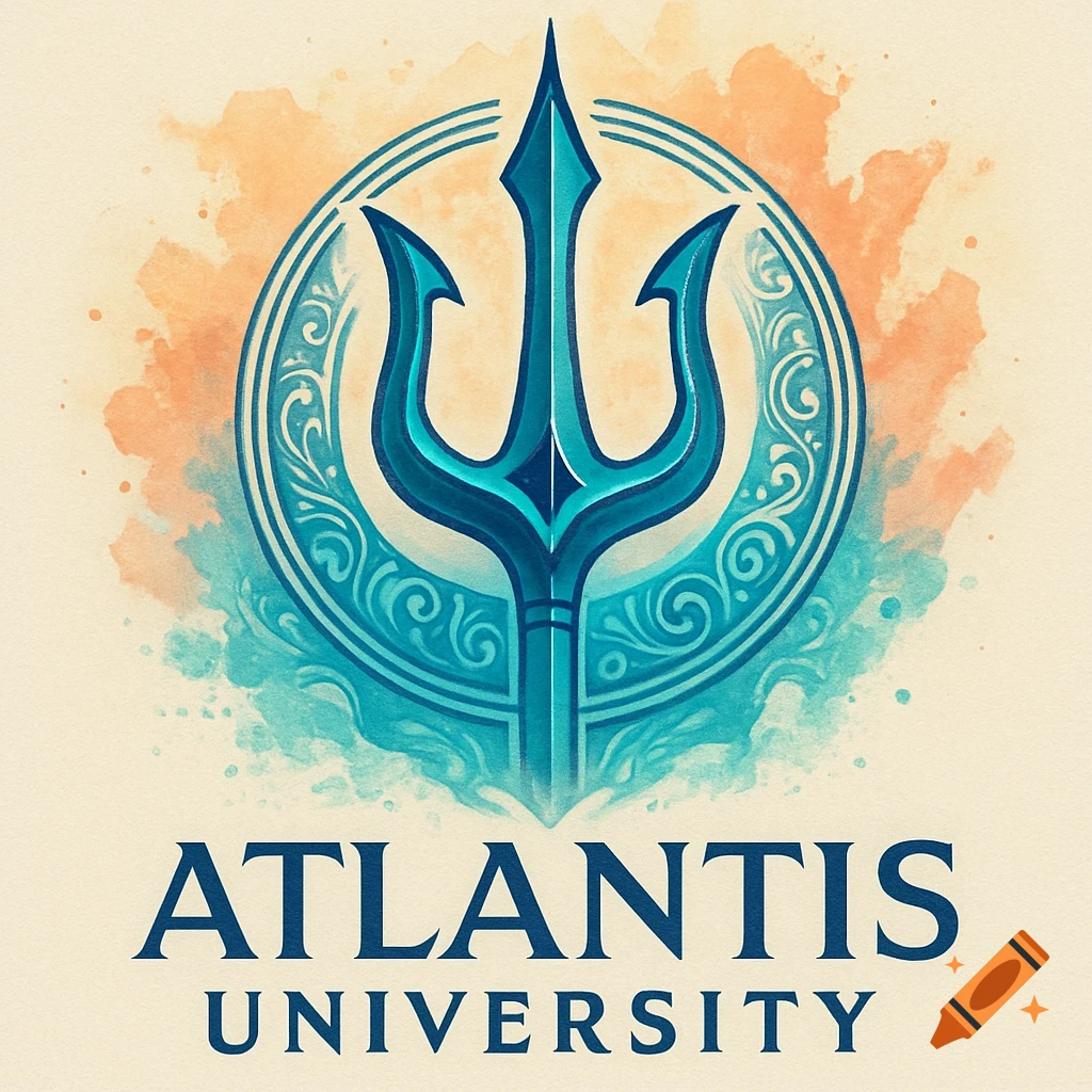 A watercolor-style logo featuring a teal trident within a circular design with waves, above the text 'ATLANTIS UNIVERSITY'.
