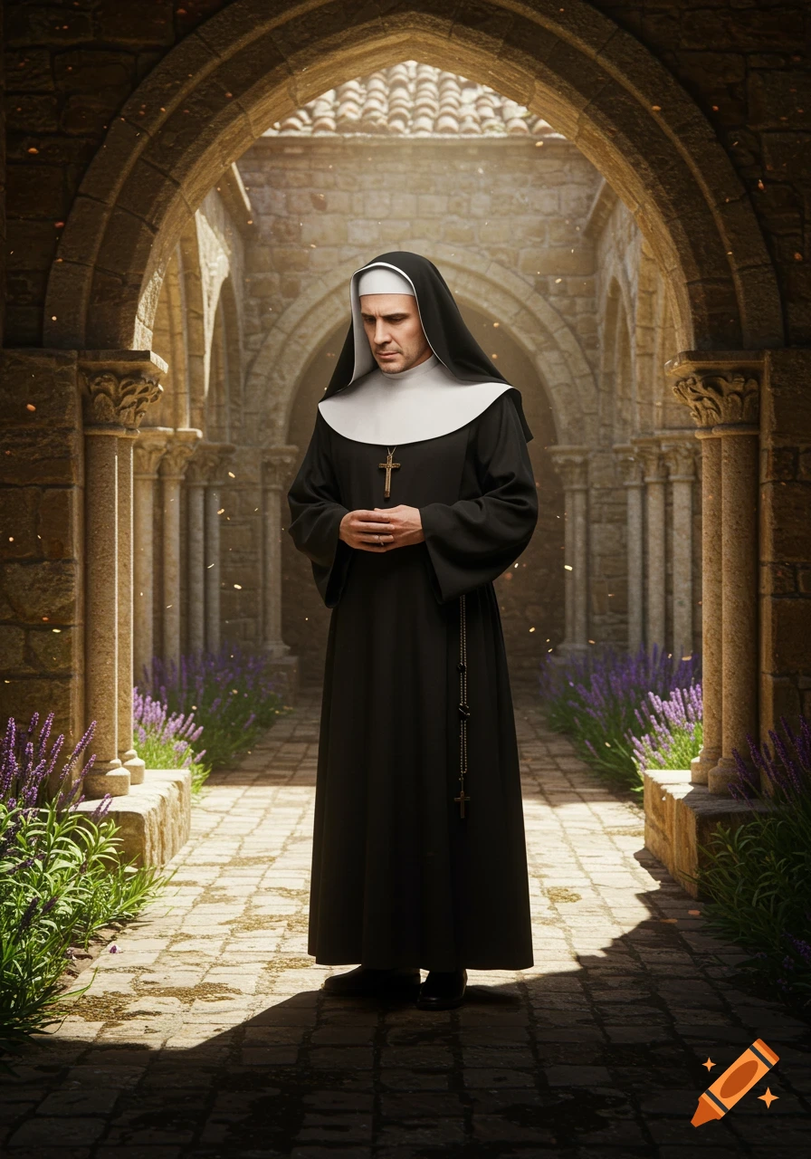 Photorealistic image of a man dressed as a nun, standing in a sunlit stone cloister with lavender plants.