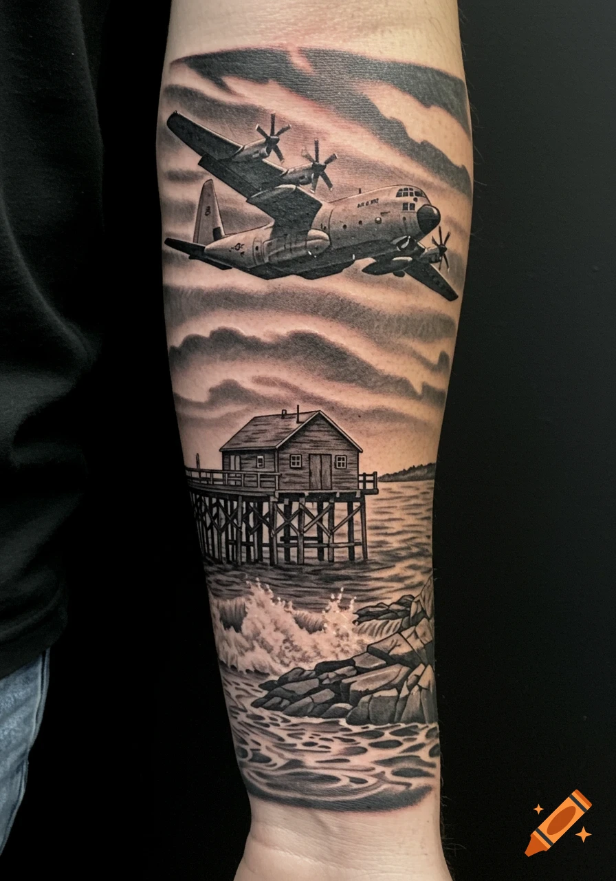 Black and grey tattoo on a forearm featuring a C-130 Hercules plane flying above a wooden wharf with a small house on a rocky, wavy coast.