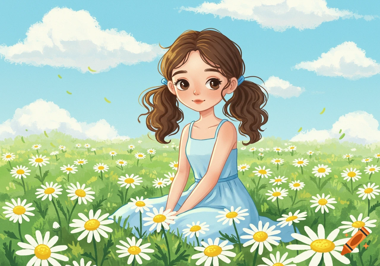 Cartoon brunette girl with pigtails sitting in a field of white daisies under a blue sky with clouds, in a whimsical style.