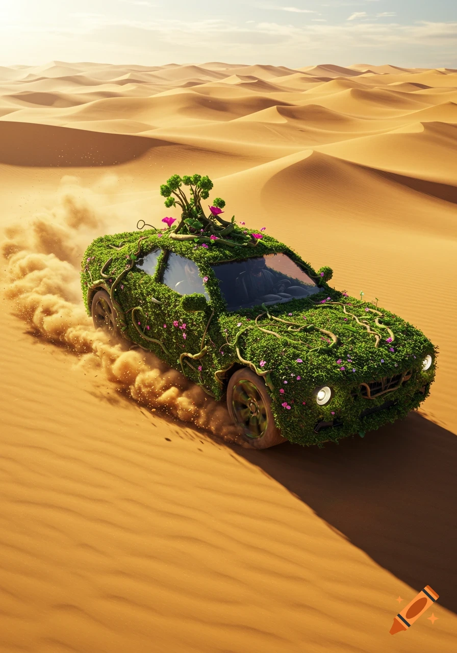 A plant-covered car with a small tree on its roof drives through a vast, sunlit sandy desert, kicking up dust.