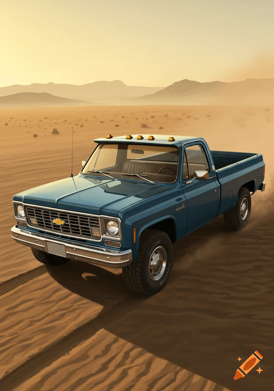 A blue 1976 K10 pickup truck with a windshield visor and cab lights drives through a sandy desert at sunset, with mountains in the background.