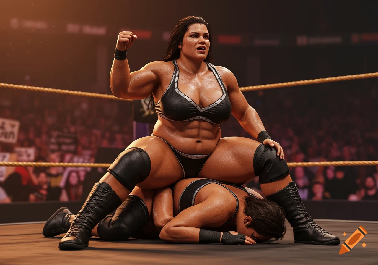 A muscular female wrestler sits triumphantly on top of her defeated opponent in a wrestling ring, in a photorealistic style.