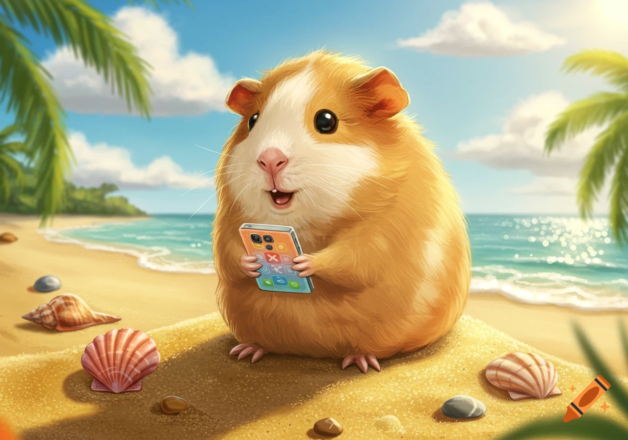 A cute, fluffy guinea pig sits on a sunny beach, holding a smartphone and looking at the screen.