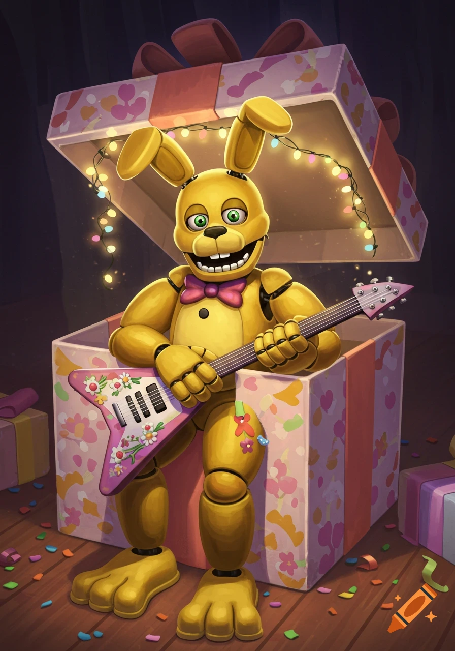 A yellow animatronic rabbit, Springbonnie, sits inside an open gift box, holding a pink electric guitar with floral designs.