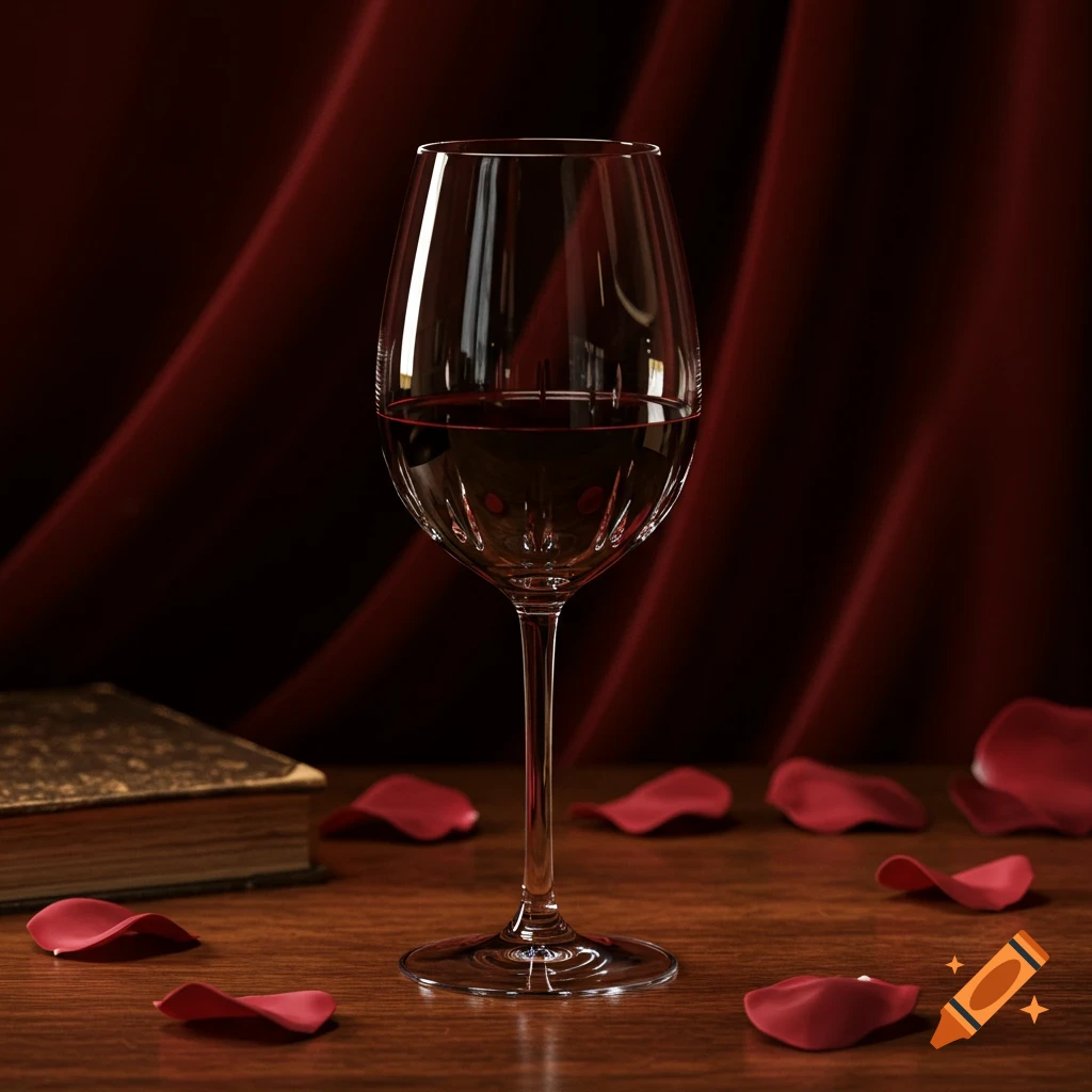 A glass of red wine on a wooden table with scattered rose petals and an old book against a red curtain.