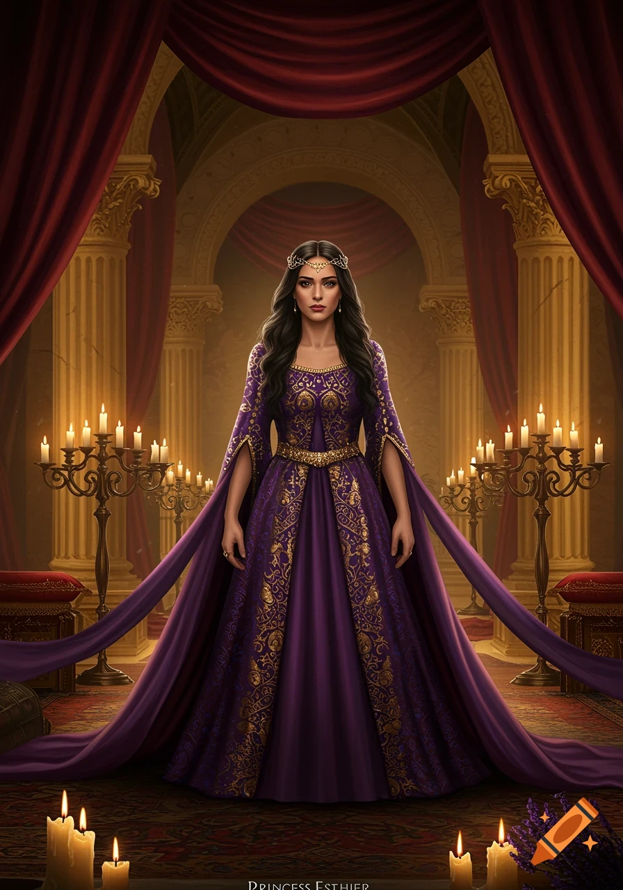 A dark-haired woman in an ornate purple and gold gown stands in a grand hall with red drapes, golden columns, and candelabras with lit candles.