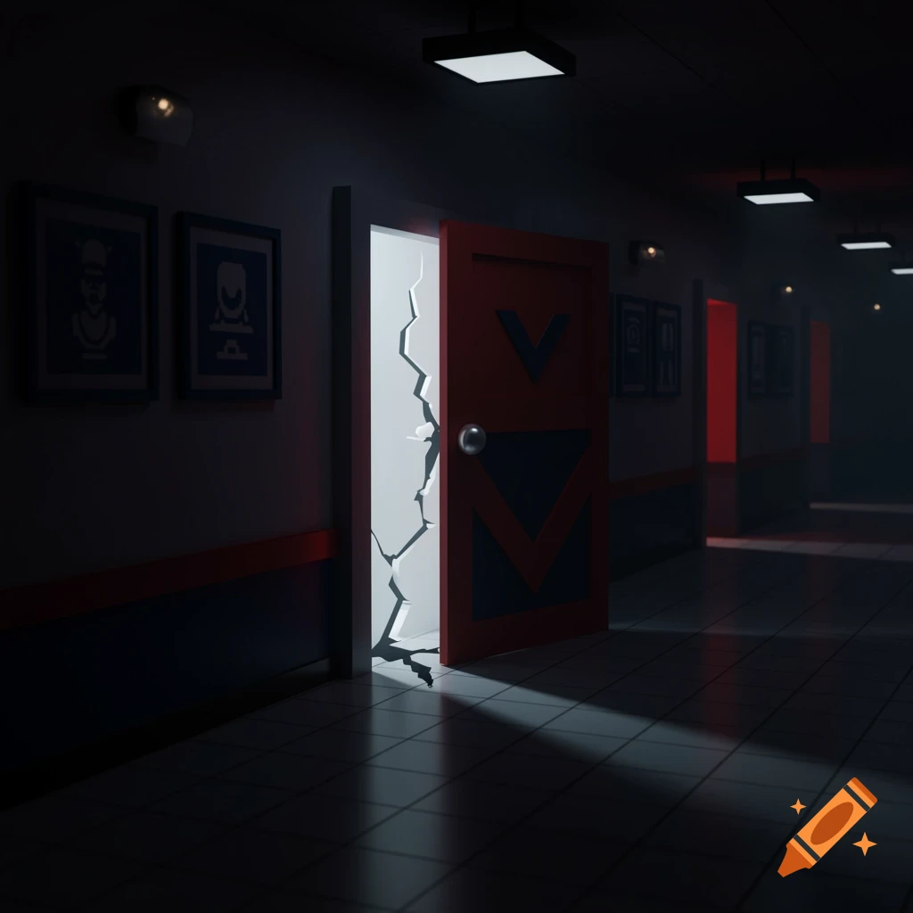 A dimly lit, stylized corridor with a cracked red door emitting a bright light from within, in the style of a Roblox game.