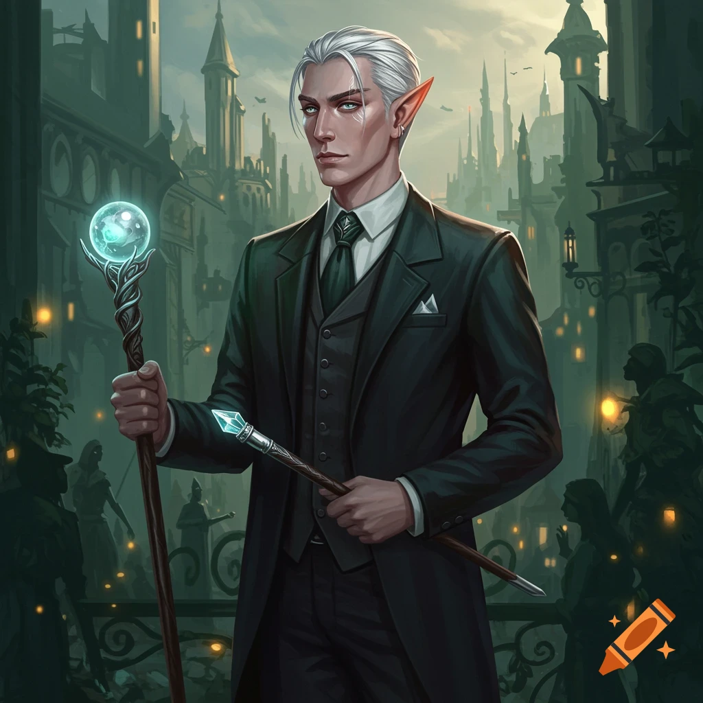 A white-haired male elf in a dark suit holds a glowing magical staff and cane in a dark, ancient city.