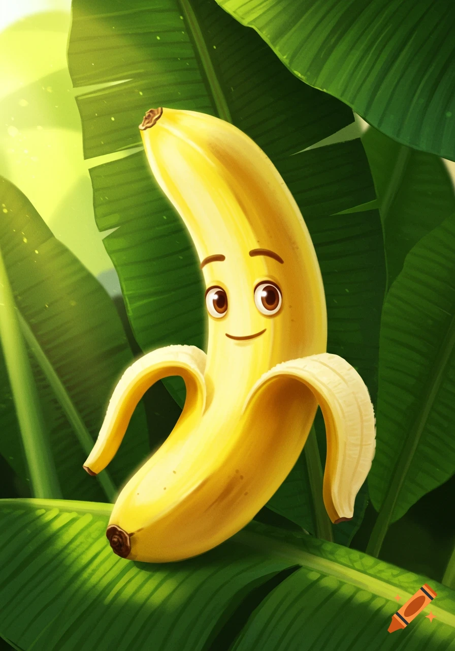 A happy, cartoon banana with eyes and a smile, partially peeled, set against lush green banana leaves bathed in sunlight.
